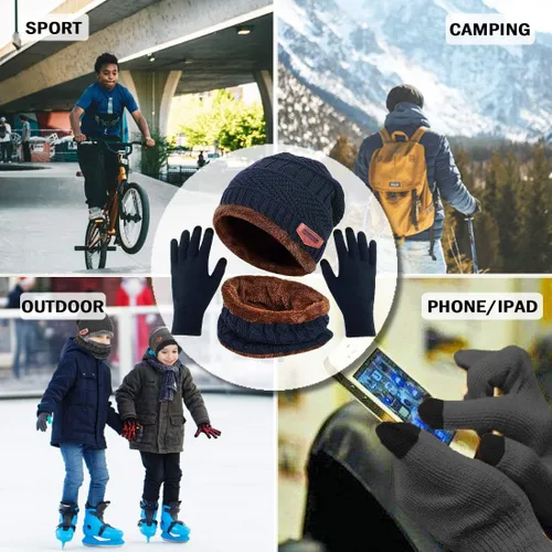 Vista 5 de T WILKER Juego de 3 gorros de invierno para niños, bufanda y guantes para pantalla táctil