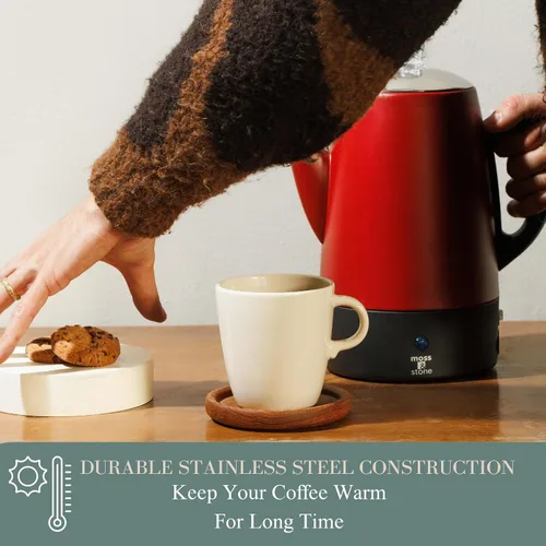 Vista 8 de Moss & Stone Percoladora de café eléctrica, cuerpo rojo con tapa de acero inoxidable, cafetera eléctrica percoladora, cafetera roja para campamento