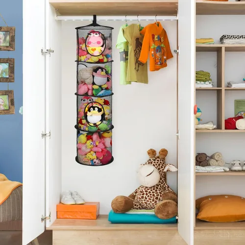 Vista 2 de Almacenamiento Colgante para Juguetes de Peluche, Organizador de Almacenamiento de Peluches Plegable para Rincón con 4 Compartimentos, Organizador