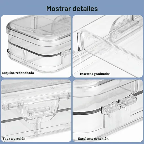 Vista 6 de BTSKY Caja de lápices de doble cubierta, caja de plástico transparente con 4 reglas extraíbles, espaciadores divisores, cajas de utilidad
