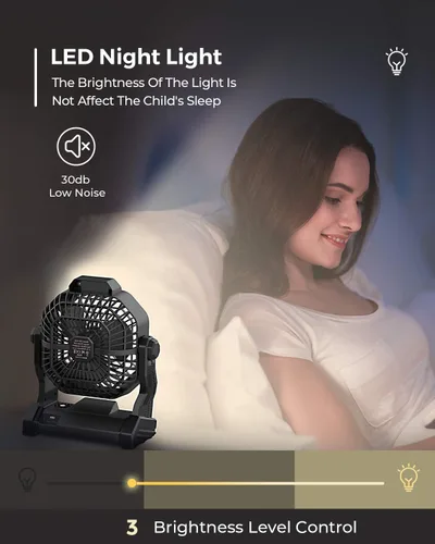 Vista 5 de JINLICTE Ventilador de camping con linterna LED, 36 horas 9 pulgadas, ventilador portátil recargable con batería con velocidad continua y funciona
