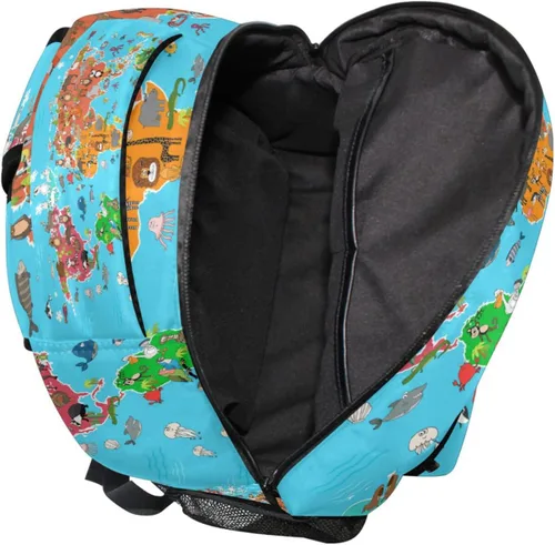 Vista 5 de AUUXVA Mochila escolar de 16 pulgadas con símbolo de animales con diseño de mapa del mundo para niños y niñas, mochila escolar de 16 pulgadas
