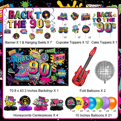 Vista 2 de Las decoraciones de fiesta de los años 90 incluyen telón de fondo de los años 90, globos de papel de aluminio y látex, adornos para pasteles