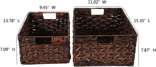 Vista 4 de Cesta rectangular tejida de jacinto de agua, cesta de almacenamiento oscura con asas interiores, estantes de cocina, escritorio de oficina