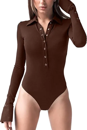 Vista 2 de LYANER Body ajustado de manga larga con cuello y botones para mujer