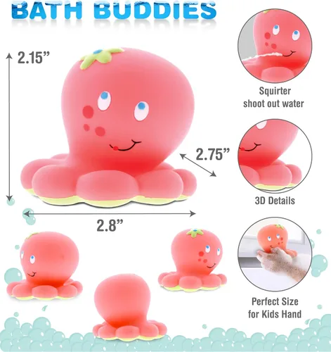 Vista 2 de DolliBu Octopus Bath Buddy Squirter - Juguete flotante de goma de pulpo rosa, divertido juego de baño para niños pequeños, lindo juguete de animales