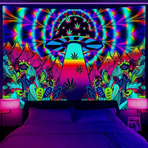 Vista 16 de JAWO Tapices alienígenas geniales, tapiz mágico psicodélico de hongos psicodélicos OVNI para colgar en la pared, decoración del hogar