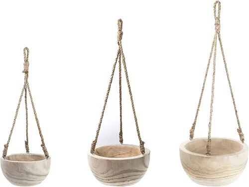Vista 6 de CYS EXCEL Pequeña maceta colgante de madera de Paulownia con cuerda de yute para plantas de interior y suculentas