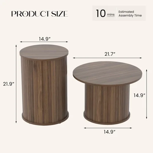 Vista 2 de Juego de 2 mesas auxiliares redondas anidables para sala de estar, círculo acanalado de madera de nogal y juegos de mesa auxiliar para apartamentos