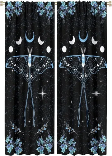 Vista 33 de Cortinas de mariposa de fantasía, polilla, sol, luna, estrella, arte floral, estampado floral, bolsillo para barra, cortinas opacas para ventana