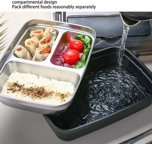 Vista 5 de Lonchera portátil de acero inoxidable 304 Bento Box Lunch Containers Caja de almacenamiento de alimentos con 4 compartimentos vajilla