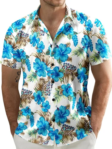 Vista 14 de JOGAL - Camisa hawaiana de Aloha para hombre, manga corta, diseño de flores Negro Blanco Línea