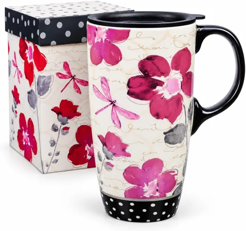 Vista 13 de Topadorn Taza de café de cerámica alta de viaje de 17 onzas con tapa sellada, juego de 2 Conjunto azul-naranja