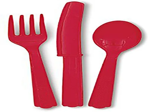 Vista 2 de Juego de cubiertos de plástico surtidos de color rojo manzana, (24 unidades), vajilla de alta calidad y colores llamativos, perfecta para fiestas