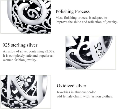 Vista 4 de Presentski Abalorios de plata de ley con inicial del alfabeto A-Z, cuentas de flor vintage para pulsera y collar