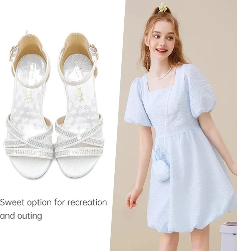 Vista 8 de Sandalias de tacón para niñas, con correa de tobillo y puntera abierta, zapatos de vestir para niños pequeños y grandes en bodas, fiestas, zapatos