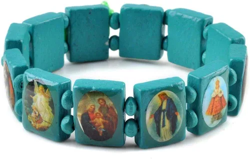 Vista 9 de yantu Pulsera elástica de panel pequeño de madera extraíble con imágenes de santos religiosos, Jesús y rosario, Madera