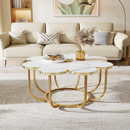 Vista 6 de Tribesigns Mesa de centro blanca y dorada, moderna mesa de centro en forma de flor con mesa de mármol sintético, mesa central floral de 39.37