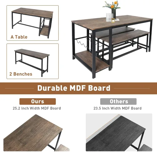 Vista 3 de Juego de mesa de comedor rectangular marrón rústico de 3 piezas con banco, 55 pulgadas de largo x 25.2 pulgadas de ancho, juego de comedor moderno