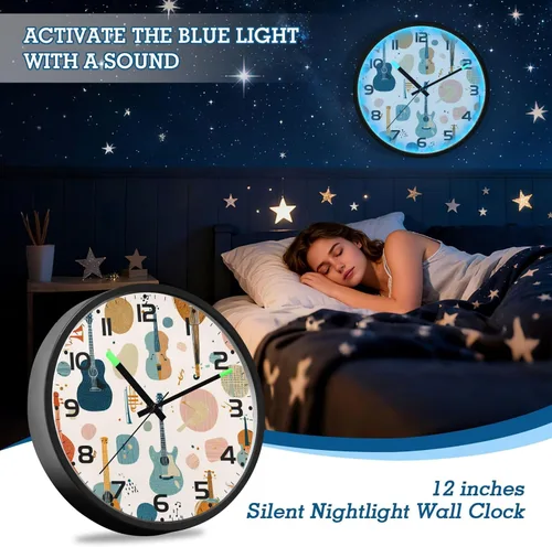 Vista 7 de Reloj de pared analógico retro de 12 pulgadas, funciona con pilas con luces LED para sala de estar, dormitorio, cocina, oficina, decoración, batería