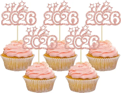Vista 9 de 24 piezas de adornos para cupcakes de Feliz Año Nuevo 2026 de oro con purpurina, celebra el 2026, adornos de cupcakes para la víspera de Año Nuevo