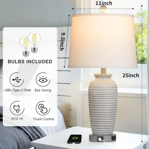 Vista 6 de CINSARY Juego de 2 lámparas de mesa de jarra estilo granja de 25", lámparas de mesita de noche rústicas con control táctil de 3 vías con puertos USB