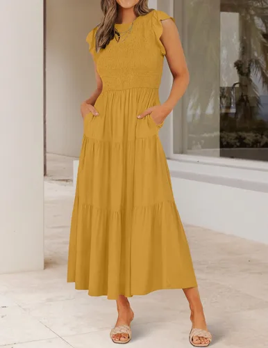 Vista 3 de ZESICA - Vestido por debajo de la rodilla para mujer, diseño informal y escalonado de manga corta, con cuello redondo y cintura elástica fruncida