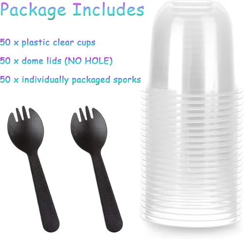 Vista 3 de Vasos de plástico calientes/fríos con tapas de cúpula sin agujero, 50 juegos de vasos de postre de plástico para helado, postre, sopa, parfait