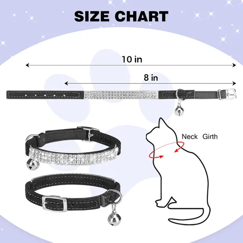 Vista 6 de BINGPET collar ajustable para gatos, de terciopelo suave, seguro, collares Bling diamante con cascabel, Adjustable, Negro Negro