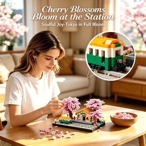 Vista 3 de Juego de bloques de construcción de micro bloques de construcción japoneses de cerezo en flor para adultos, modelo de mini ladrillos, casa