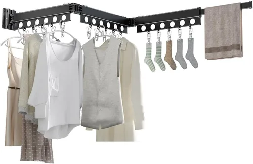 Vista 12 de Tendedero de Pared para Secar Ropa, Colgador de Ropa de Pared Plegable, Gancho Colgador de Lavandería para Baño, Perchero de Pared Interior Negro