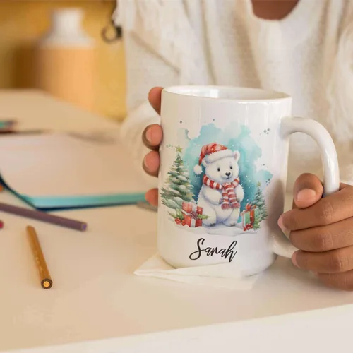 Vista 4 de Taza de regalo de invierno personalizada, taza de café con nombre personalizado con diseño de oso polar, taza de oso polar personalizada, regalo