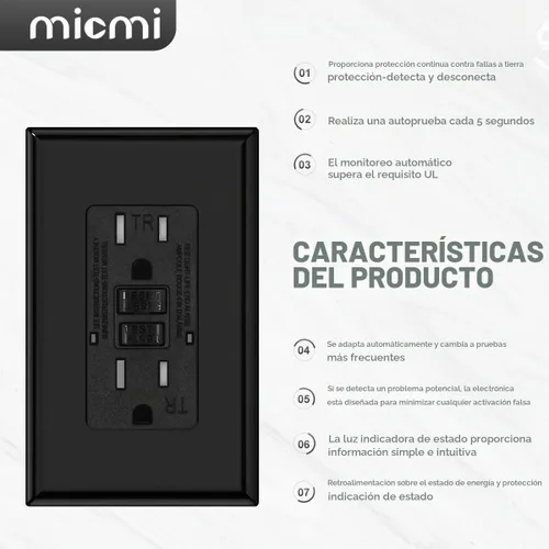 Vista 4 de Micmi Salida GFCI, receptáculo GFI resistente a manipulaciones con indicador LED, interruptor de circuito de falla de tierra de prueba automática