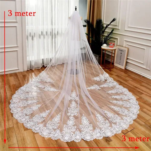 Vista 6 de Zhangyo Velo de novia de tul suave con peine de encaje largo velo catedral nupcial 9.8 ft gota velo pelo peine para novias CXL062