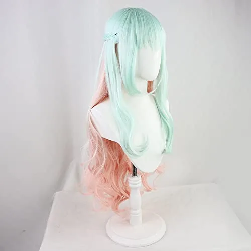 Vista 3 de Peluca cosplay Shinzaki Kuon Invasión de tiro alto Tenkuu Shinpan azul claro rosa ondulado largo Cosplay peluca anime sintético pelo fiesta