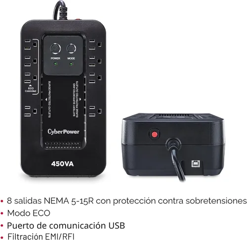 Vista 2 de CyberPower EC450G Sistema UPS ecológico de respaldo y protector de sobretensiones, 450VA/260W, 8 tomas, modo ECO, fuente de alimentación