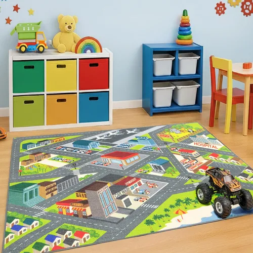 Vista 8 de KC Cubs 8x10 Alfombra de Carretera con Animales Safari para Coches de Juguete – Alfombra de Juego Educativa para Niños, Pequeños, Guardería, Aula