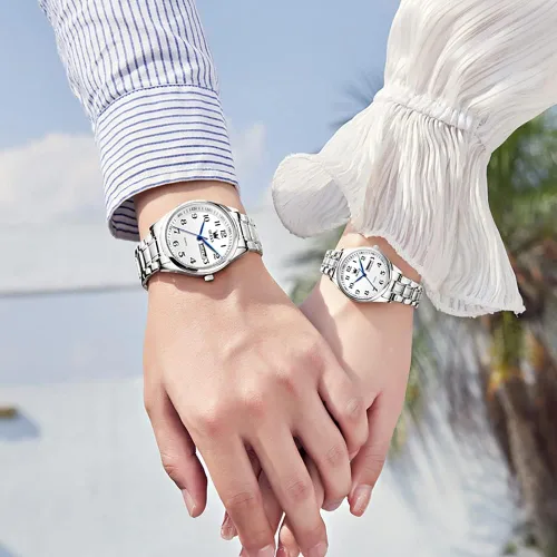 Vista 59 de OLEVS Juego de 2 relojes de cuarzo para parejas de San Valentín, calendario luminoso, ventana de fecha, 3 ATM, impermeable, casual, acero