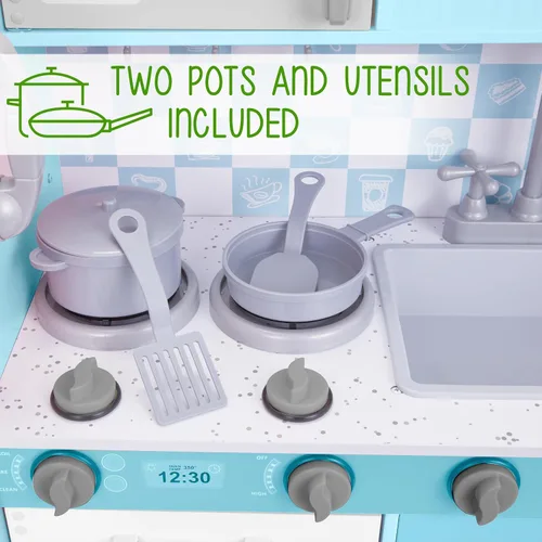 Vista 6 de Juego de cocina infantil Lil' Jumbl, cocina de madera de simulación con pizarra, teléfono de juego, toallero y dispensador de hielo, perillas