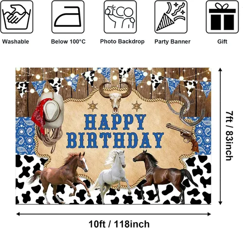 Vista 2 de Avezano Fondo de fiesta de cumpleaños de caballo, fondo de fiesta de vaquero, tema del oeste salvaje, decoración de fiesta de feliz cumpleaños, Azul