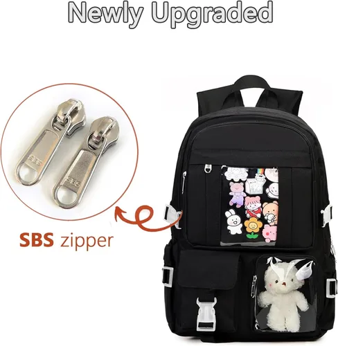 Vista 7 de Mochila Kawaii para niñas adolescentes, bonita mochila estética para escuela secundaria y universidad con accesorios, Negro oscuro, Mediana