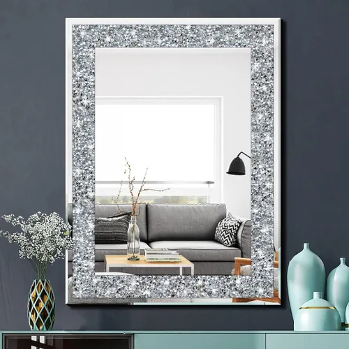 Vista 10 de QMDECOR Espejo de Pared Decorativo Rectangular Brillante para Decoración del Hogar con Decoración de Diamante Crush de Cristal Plateado