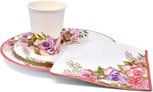Vista 2 de Gift Boutique Juego de 96 piezas de suministros de fiesta de flores rosas y moradas, platos de papel, servilleta para niña, baby shower, té