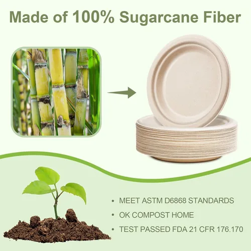 Vista 4 de Platos de papel de 10 pulgadas, paquete de 50 platos desechables compostables, respetuosos con el medio ambiente, reciclados, resistentes, marrones