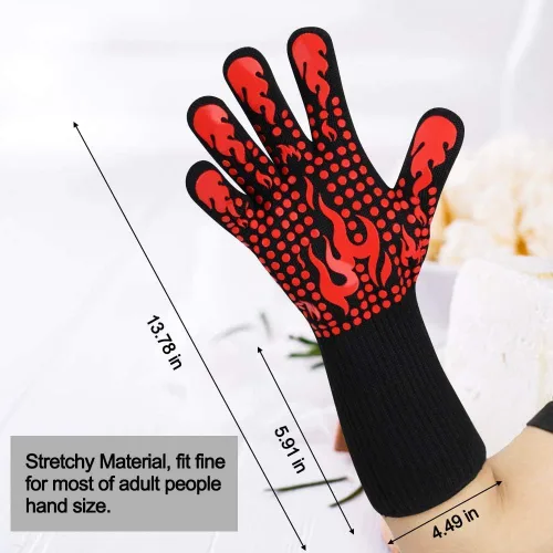 Vista 9 de Guantes resistentes al calor, guantes de barbacoa para hombres y mujeres, guantes de cocina de hasta 1472 °F + sonda termómetro de carne apagado