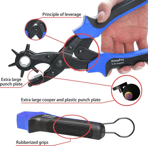 Vista 2 de HimaPro Perforadora giratoria de cuero para cinturones, collares de perro, sillones, zapatos, correas de reloj, etc. con una regla de medición, dos