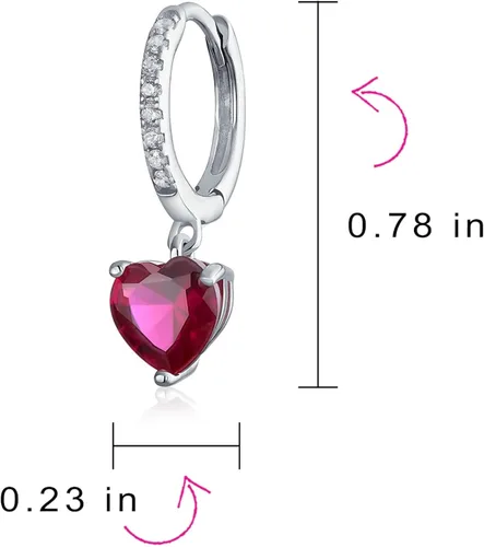Vista 3 de Aretes colgantes románticos de circonita cúbica rosa fucsia con circonita cúbica de imitación y corazón rubí, con palanca trasera para mujer, novia