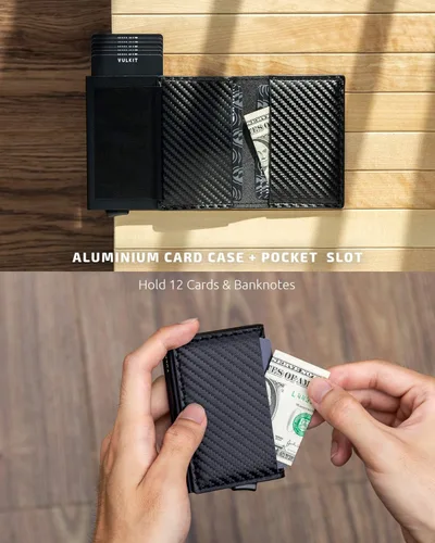 Vista 46 de VULKIT Tarjetero RFID Bloqueo de Cuero Automático Pop Up Cartera Aluminio Slim Pocket Tarjeta de Visita