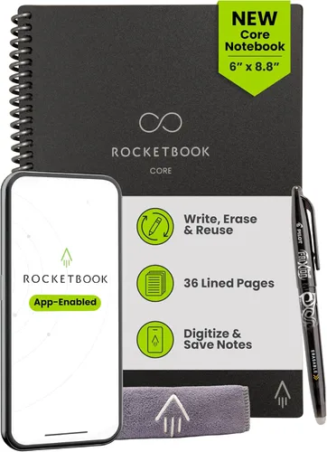 Vista 24 de Rocketbook Core - Cuaderno reutilizable con espiral, tamaño ejecutivo 6x8.8, negro - páginas rayadas, conectado a la aplicación, borrable, cubierta