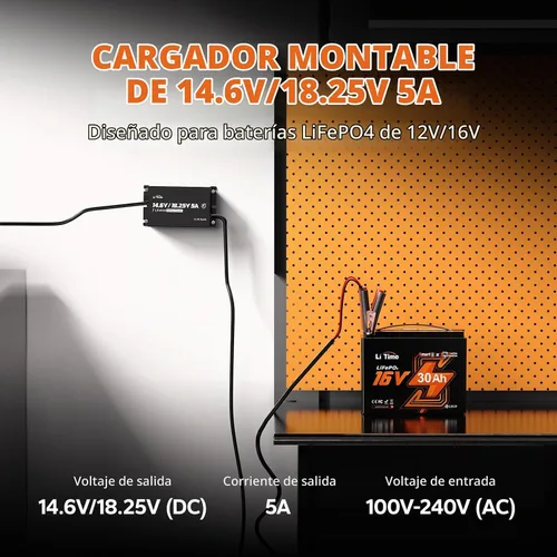 Vista 2 de LiTime Cargador de batería LiFePO4 de 12V/16V 5A, impermeable, salida